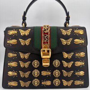Gucci Calfskin Animal Studs Medium Sylvie Top Handle Bag